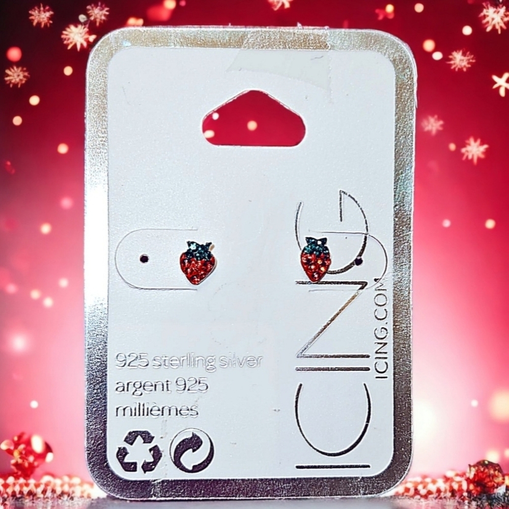 Icing 925 Sterling Silver Small Sparkly Strawberry Earrings NEW
